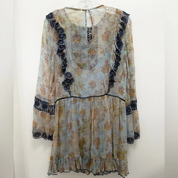 Free People Country Roads Mini Dress Lightweight Embroidered Ruffle Blue Size XS - Picture 4 of 11
